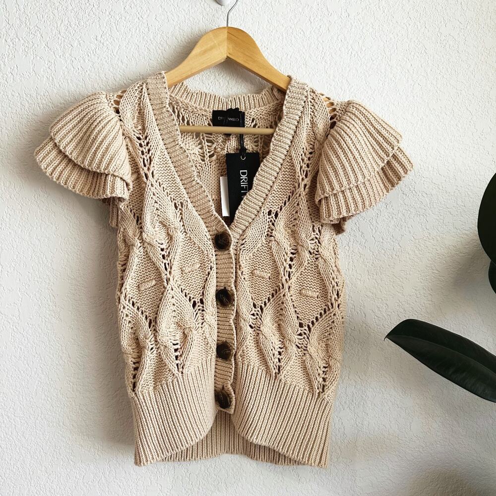 Driftwood Crochet Button Top Medium Ruffle Sleeve Sheer Boho Cottage Prairie New - Picture 2 of 7